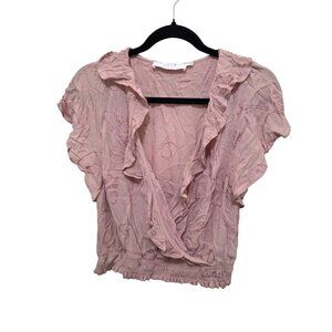 ASTR The Label Pink Embroidered Ruffle Wrap Top With Elastic Waist Womens Size S